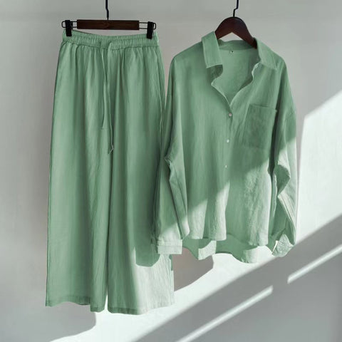 Cotton and linen shirt set high waist loose trousers m301983