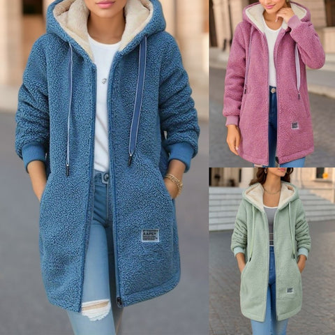 Fleece thickened medium and long lamb wool sweater women's autumn and winter embroidered letter zipper jacket m301991