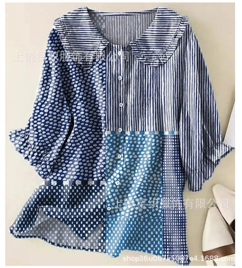 Linglong hemp 3D digital printing abstract, women's long-sleeved buckle lapel shirt m303181