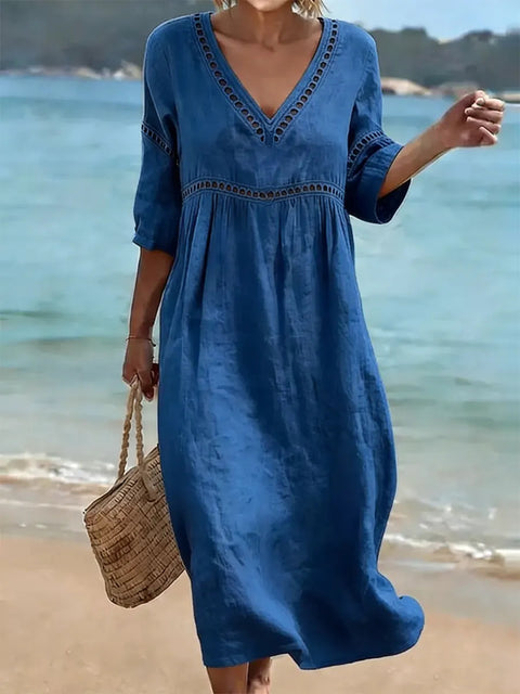 New elegant casual V-neck solid color medium-sleeved women's dress m303026