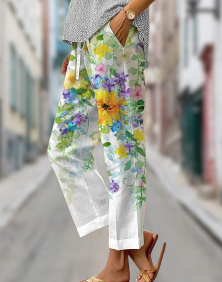 Linglong hemp digital printing simple crimped casual pants m303184