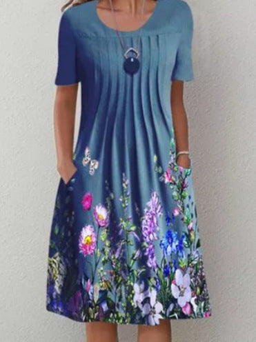 Spring/Summer Floral Print Crew Neck Pocket Medium Length Dress m300905