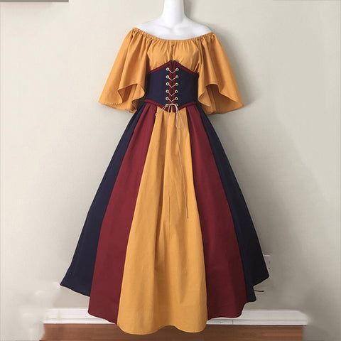 Medieval retro contrasting color slim-fit skirt flying sleeve big swing skirt m301546