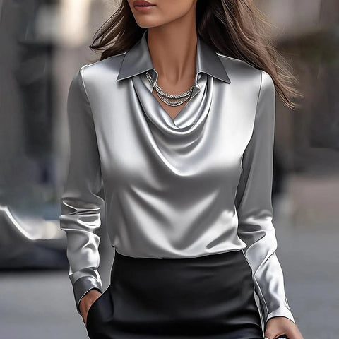 Spring and Autumn Temperament Long Sleeve Satin Swingneck Top Shirt Women's m302014