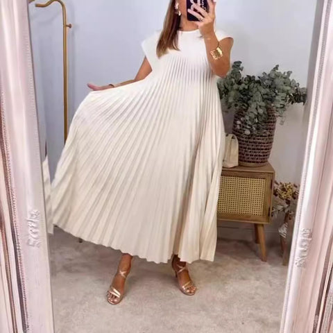 Fashion round neck sleeveless pleated dress m301308