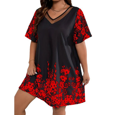 Lockeres, bequemes und lässiges Kurzarmkleid aus bedrucktem Netzstoff mit Nähten M300199 