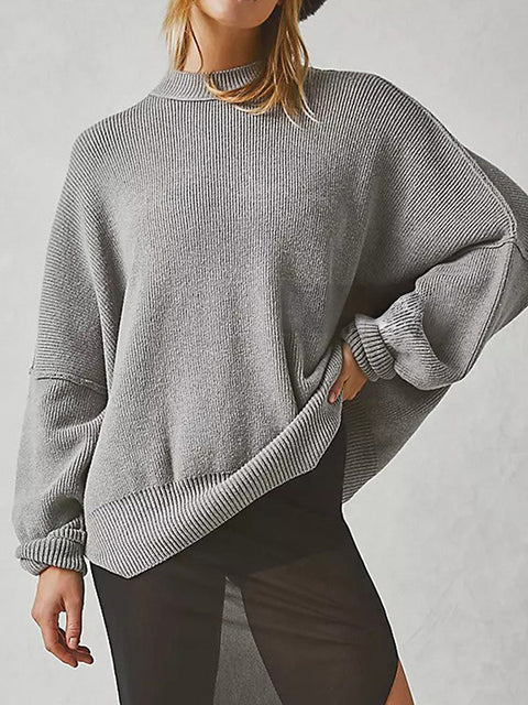 Crew neck bat wing long-sleeved sweater autumn knitted side slit jumper m301590