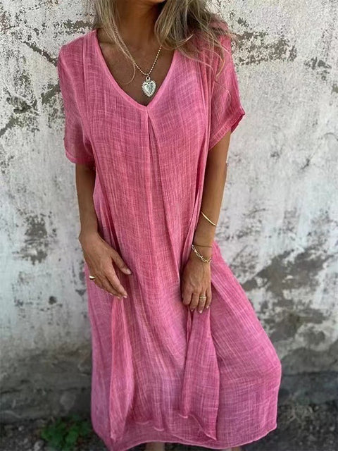 Fashion cotton and linen V-neck semi-formal dress m301062