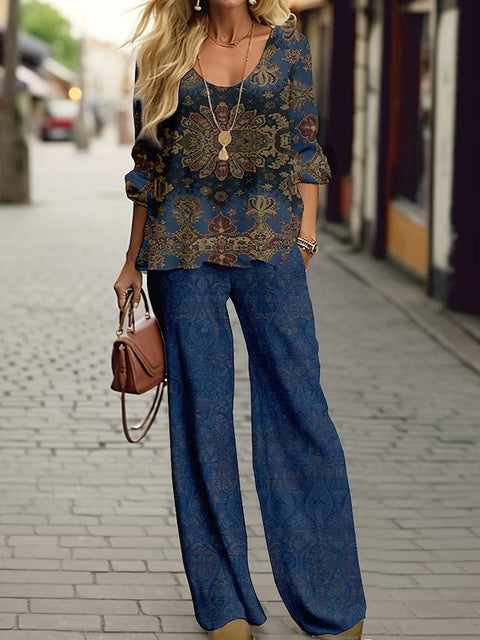 Long Sleeve Set Crew Neck Linen Printed Shirt Set m301254