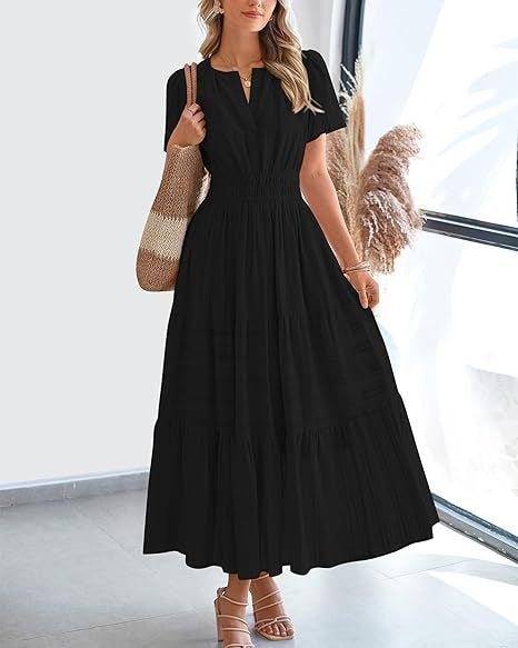 Fashion V-neck pleated bubble sleeves layered pendulum dress women m302009