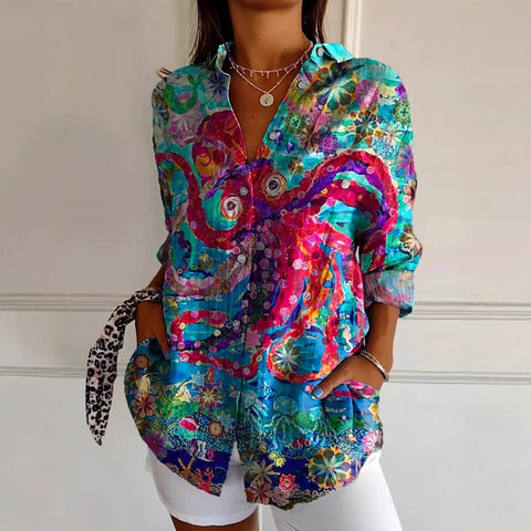 Linglong hemp long shirt women's long-sleeved shirt printing pattern m303195