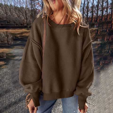 Splicing design hem irregular loose plush sweater top women m301914