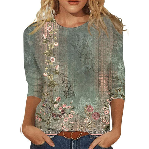 Seven-quarter sleeve plant flower 3D printing crew neck pullover m300615