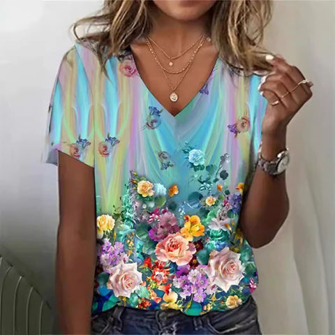 Faux cotton short-sleeve V-neck printed women's wear m303193