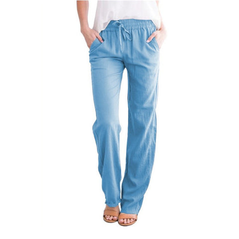 Solid color cotton and linen loose drawstring casual wide-leg trousers women's m301572