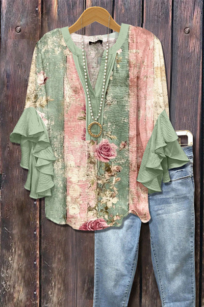 Digital printing casual trend V-neck lotus edge T-shirt women's m302725-2