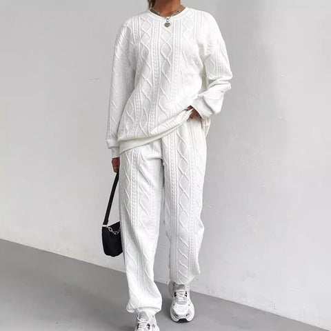 Women's twist splicing long-sleeved crew neck top corset trousers two-piece set m302008