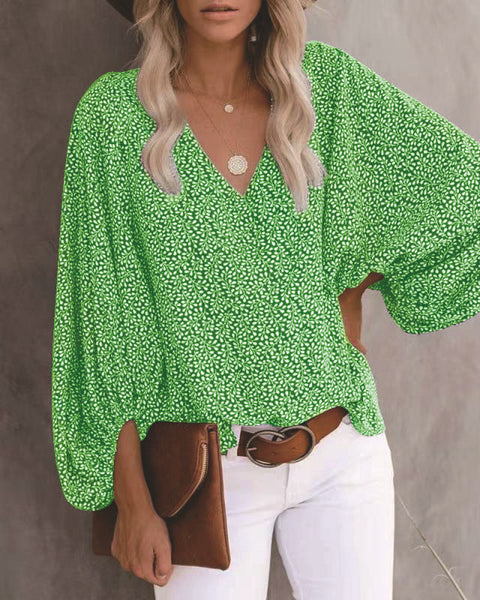 V-neck shirt printed lantern sleeve women's top m301626
