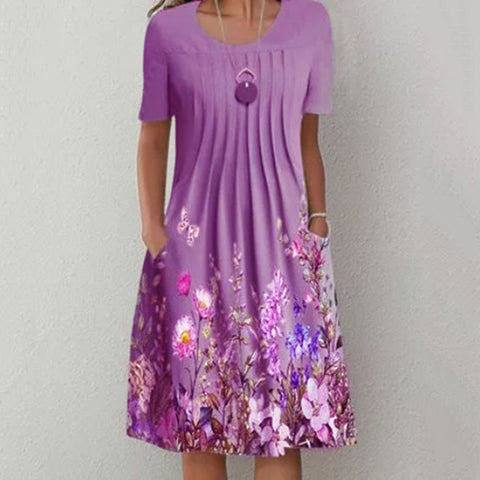 Spring/Summer Floral Print Crew Neck Pocket Medium Length Dress m300905