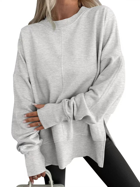Loose sweater side split splicing round neck bat sleeve fleece top m302100