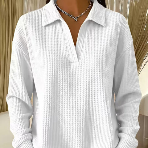Waffle Lapel Long Sleeve Polo Top m303214