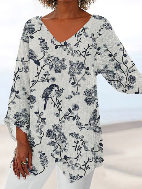 Women's printed animal natural scenery V-neck nine-quarter sleeve loose T-shirt m301289