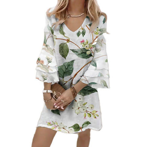Fresh printed V-neck 3/4-sleeve mini women's dress m302854