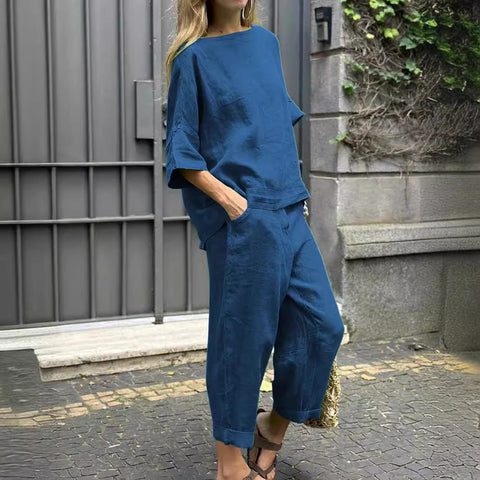 Women's 2-Piece Plus Size Cotton Linen Shirt Set High-Waisted Loose Pants M302296