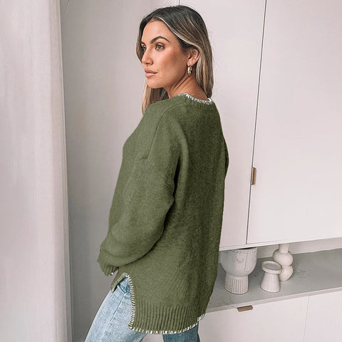 Fashion knitted sweater pullover trimmed crew neck sweater women's m300629