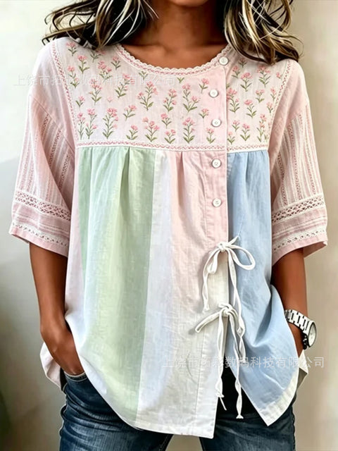 Temperament women's long-sleeved shirt printed top lace-up shirt m302925