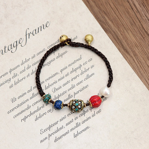 Retro Nepalese Ancient Law Copper Bead Bracelet Women's Tibetan Ethnic Style Personalized Simple Weaving Blue Bracelet M5010668