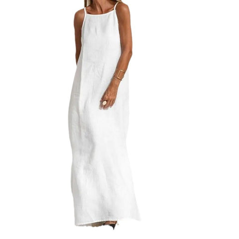Fashion casual cotton and linen split suspender dress m302080