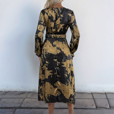 Temperament v-neck long-sleeved A-pendulum bronzing dress autumn women's high-end m300808