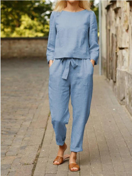 Linen suit women's fashion solid color casual two-piece set m300052