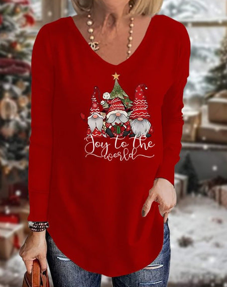 Loose 3D V-neck long-sleeved T-shirt women's Christmas printed bottoming shirt m302098