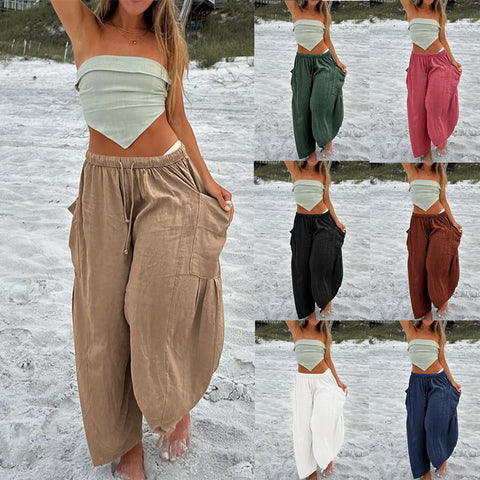 Elastic waist pleated middle waist straight pants loose casual cotton and linen nine-point pants m301883