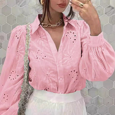 New single-breasted solid color embroidery loophole long-sleeved lapel shirt women's upper m301024