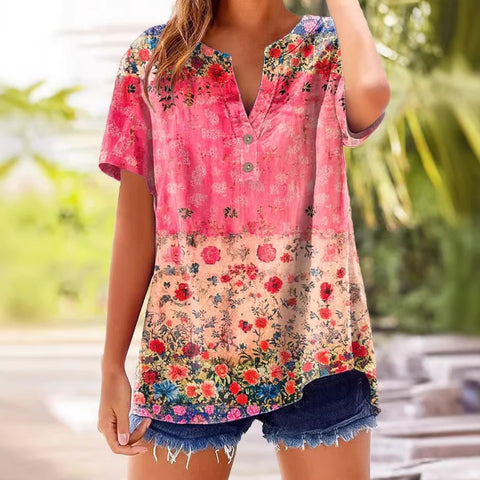 Printed V-neck pullover short-sleeved T-shirt m303021