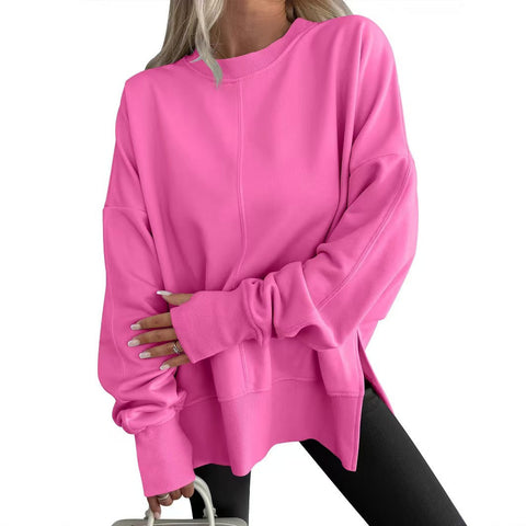 Loose sweater side split splicing round neck bat sleeve fleece top m302100
