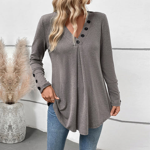 Autumn casual top medium and long v-neck solid color long-sleeved t-shirt women's m300796