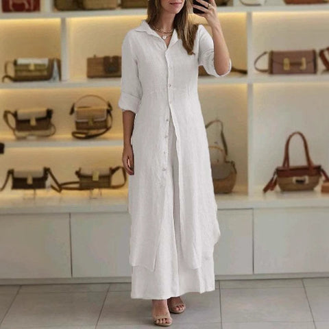 Elegant cotton and linen slim-fitting waist long-sleeved shirt wide-leg pants set m301063