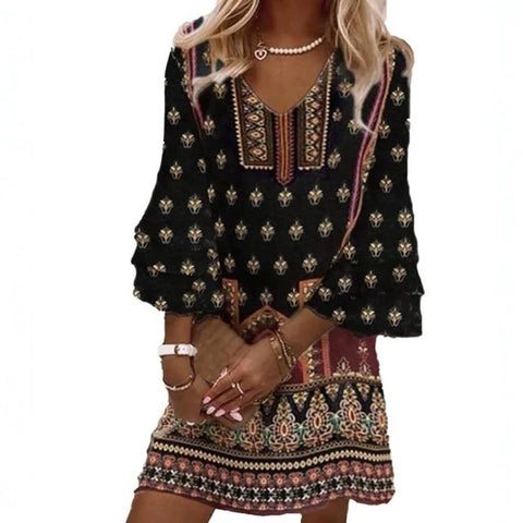 Fresh printed V-neck 3/4-sleeve mini women's dress m302854