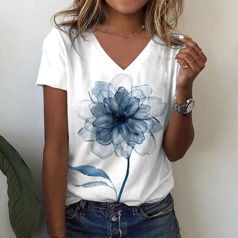 Faux cotton short-sleeve V-neck printed women's wear m303193