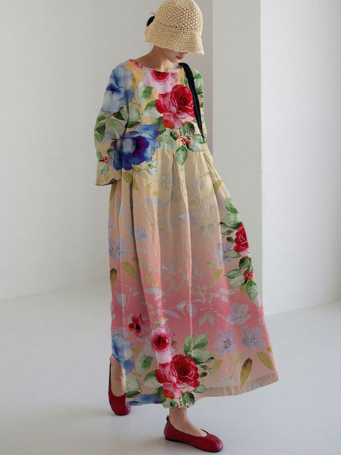 Loose crew neck fashion high-end long-sleeved printed dress m301054