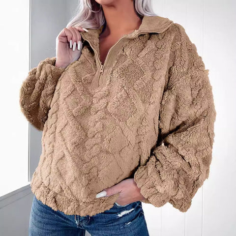 Simple solid color half zipper stand-up collar loose plush pullover m300436