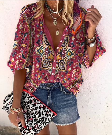 women's clothing stand-up collar loose button retro printed casual shirt m301723