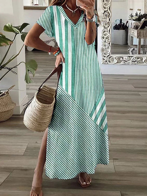 Stripe positioning printed V-neck split dress m301462