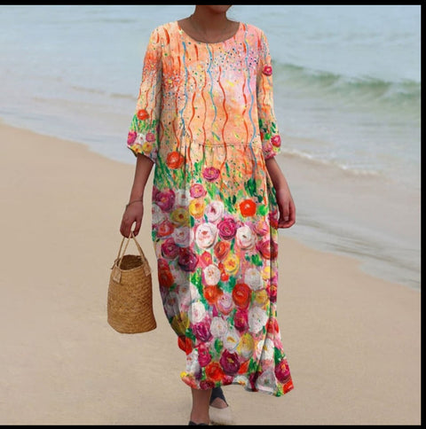 Women's Crew Neck Long Printed Casual Fashion Women's Dress m301059