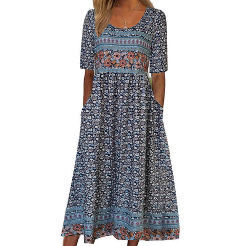 Damen Rundhals Kurzarm Langes Kleid Bohemian Kleid m302895