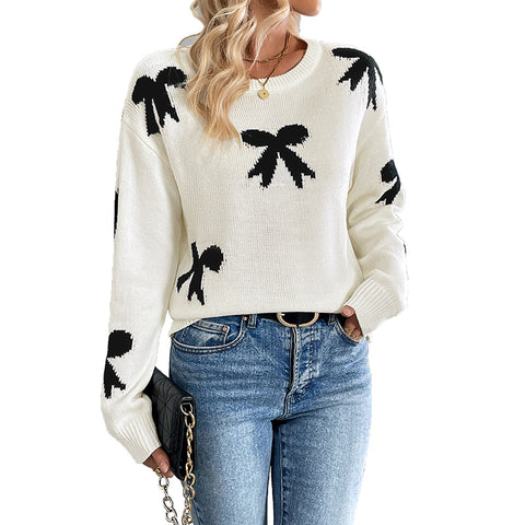 Crew neck bow jacquard autumn and winter sweater women's m300804